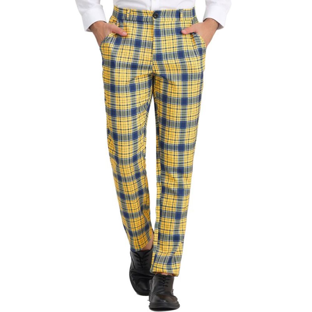 Plaid Dress Pants Classic Fit Formal Plaid Slacks Prom Yellow Checked Trousers